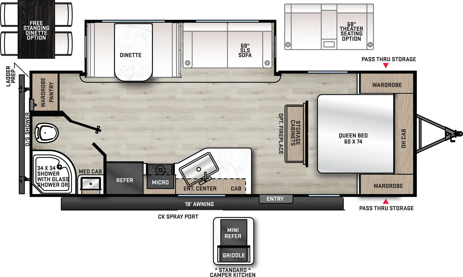 The Aurora 24RBS floorplan has one entry and one slide out. Exterior features include: metal exterior, 18' awning and outside kitchen. Interiors features include: free-standing dinette option and front bedroom.